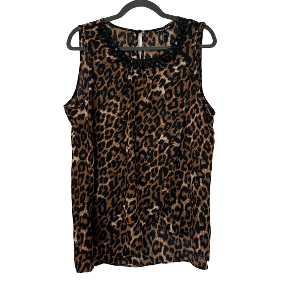 Cable & Gaugeβ Sleeveless Blouse Crossover Front Beaded Neckline Leopard Size L